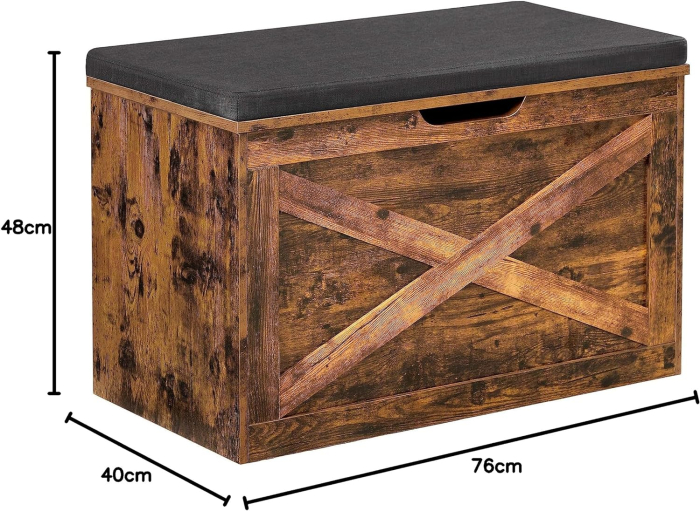 Banca pentru pantofi cu perna, tip cufar de depozitare, stil hambar, 76x40x48cm, maro rustic [5]