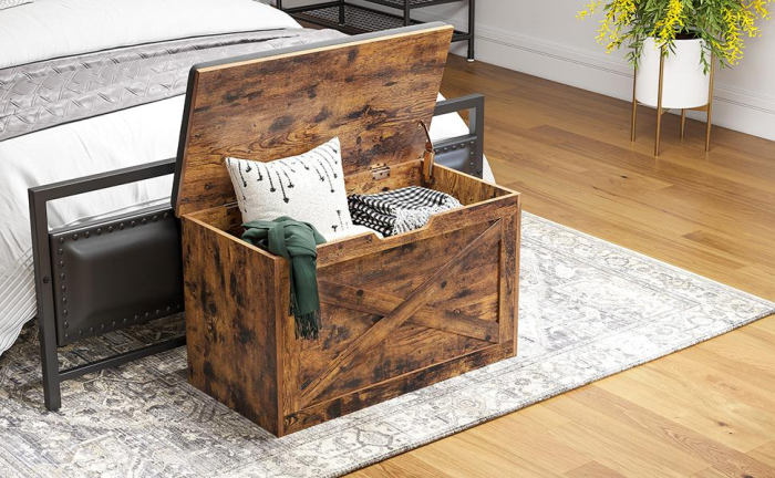 Banca pentru pantofi cu perna, tip cufar de depozitare, stil hambar, 76x40x48cm, maro rustic [2]