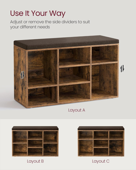 Banca pentru pantofi cu sezut tapitat, 9 compartimente si rafturi reglabile, 79x30x48 cm, maro rustic [4]