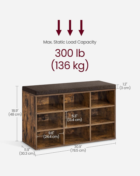 Banca pentru pantofi cu sezut tapitat, 9 compartimente si rafturi reglabile, 79x30x48 cm, maro rustic [2]