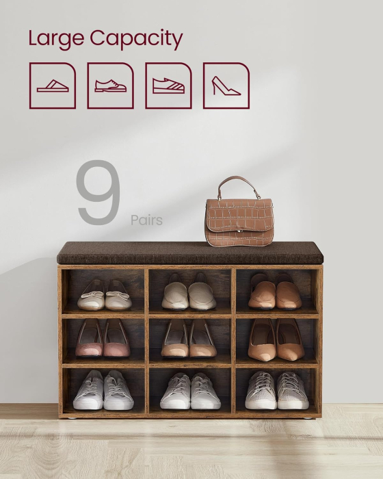 Banca pentru pantofi cu sezut tapitat, 9 compartimente si rafturi reglabile, 79x30x48 cm, maro rustic [6]