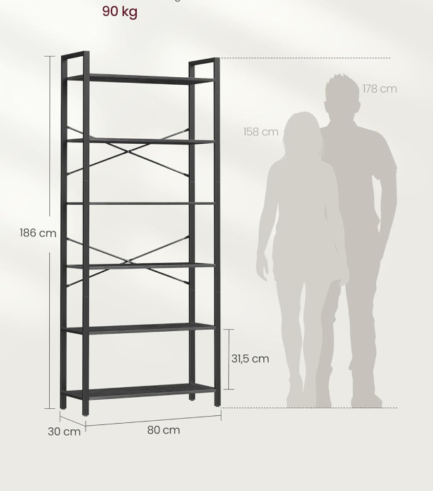 VASAGLE Biblioteca 6 rafturi, cadru metalic si polite PAL, stil industrial, 80x30x186 cm, negru [6]