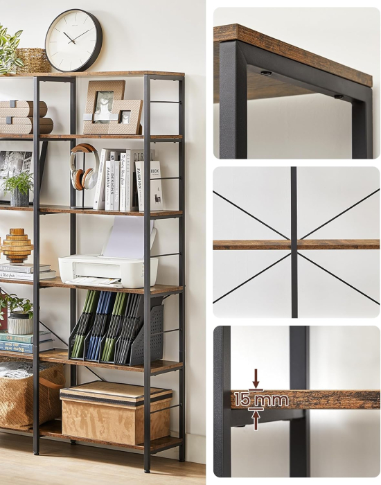 VASAGLE Biblioteca 6 rafturi, cadru metalic, stil industrial, 30x120x170 cm, maro rustic [3]
