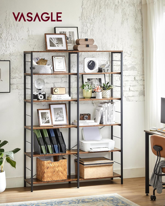 VASAGLE Biblioteca 6 rafturi, cadru metalic, stil industrial, 30x120x170 cm, maro rustic [8]
