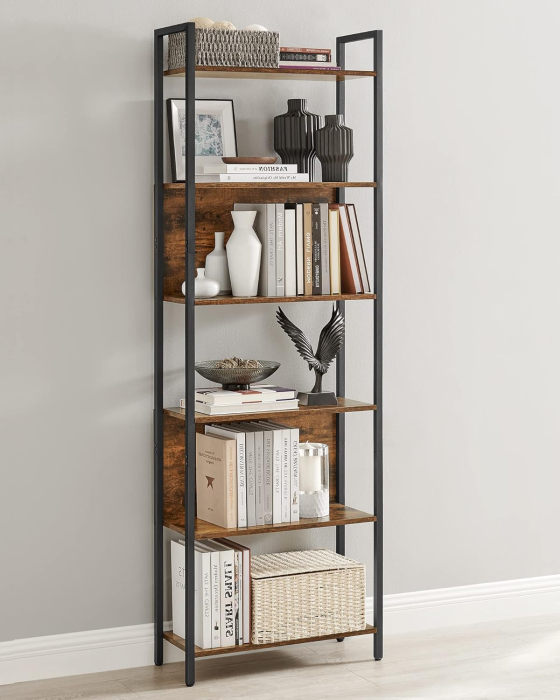 VASAGLE Biblioteca 60x24x186 cm, 6 rafturi, stil industrial, PAL si otel, maro rustic-negru [9]