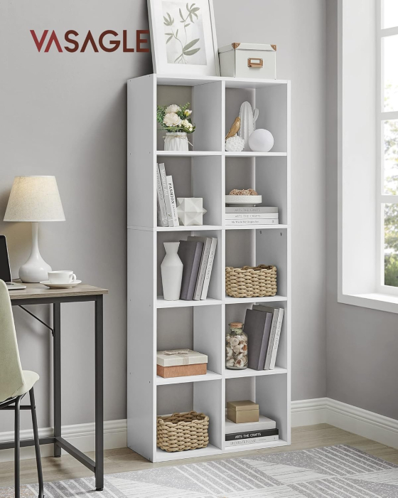 Biblioteca cu 10 compartimente, raft depozitare tip cuburi, stil scandinav, 66x30x162 cm, alb [3]