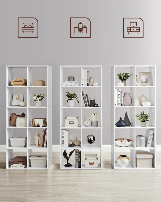 Biblioteca cu 10 compartimente, raft depozitare tip cuburi, stil scandinav, 66x30x162 cm, alb [4]