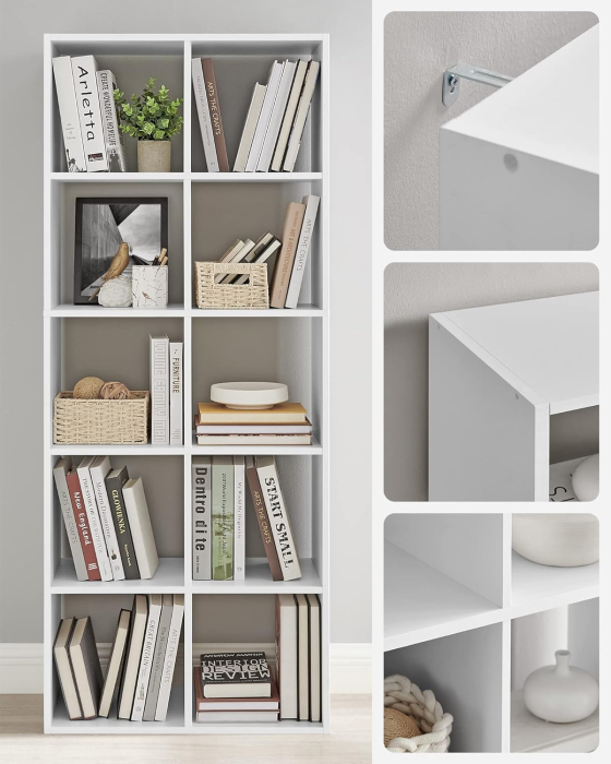 Biblioteca cu 10 compartimente, raft depozitare tip cuburi, stil scandinav, 66x30x162 cm, alb [2]