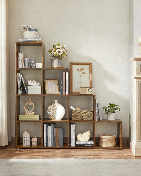 Biblioteca cu 10 compartimente, unitate de depozitare pentru decoratiuni, din lemn, 29x129x129cm, maro rustic [8]