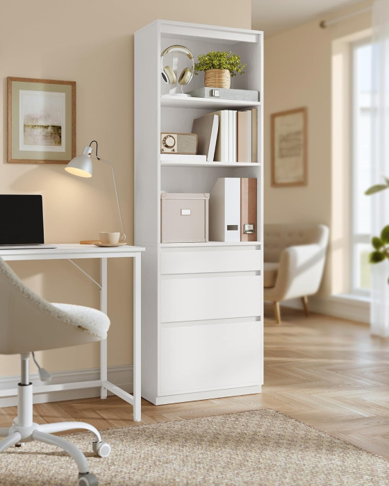 Biblioteca kailyn 3 sertare polite reglabile pal, 57x30x180 cm, design modern, alb [6]