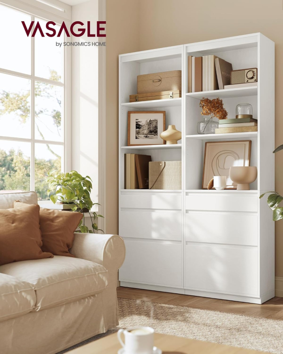 Biblioteca kailyn 3 sertare polite reglabile pal, 57x30x180 cm, design modern, alb [3]