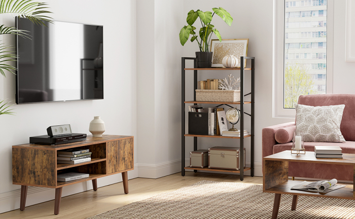 Biblioteca cu 4 etaje din lemn, cadru otel, stil industrial, 66x30x120cm, maro rustic [3]