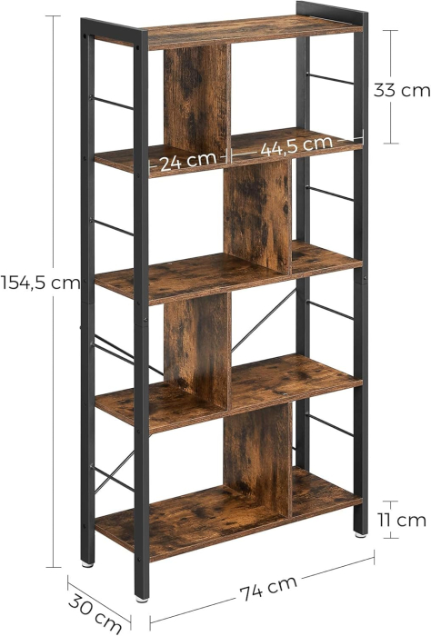 Biblioteca cu 4 rafturi, cadru metalic, stil industrial, 74x30x155 cm, maro rustic [2]