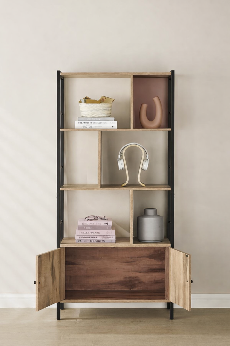 Biblioteca cu 4 rafturi si dulap inferior cu 2 usi, stil industrial, 74x30x155cm, stejar [5]