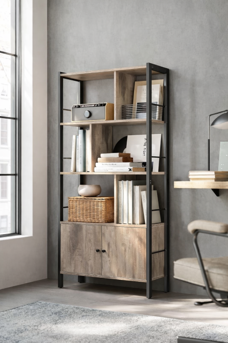 Biblioteca cu 4 rafturi si dulap inferior cu 2 usi, stil industrial, 74x30x155cm, stejar [8]