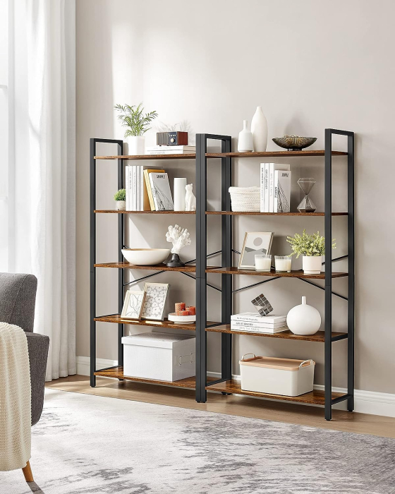 Biblioteca cu 5 etaje din lemn, cadru otel, stil industrial, 30x66x153cm, maro rustic si negru [3]