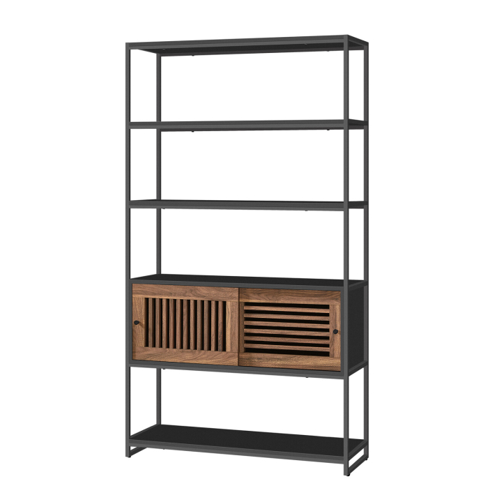 VASAGLE Biblioteca cu 5 rafturi si dulap, rama metalica si finisaj MDF nuc, 100x35x180 cm, negru [1]