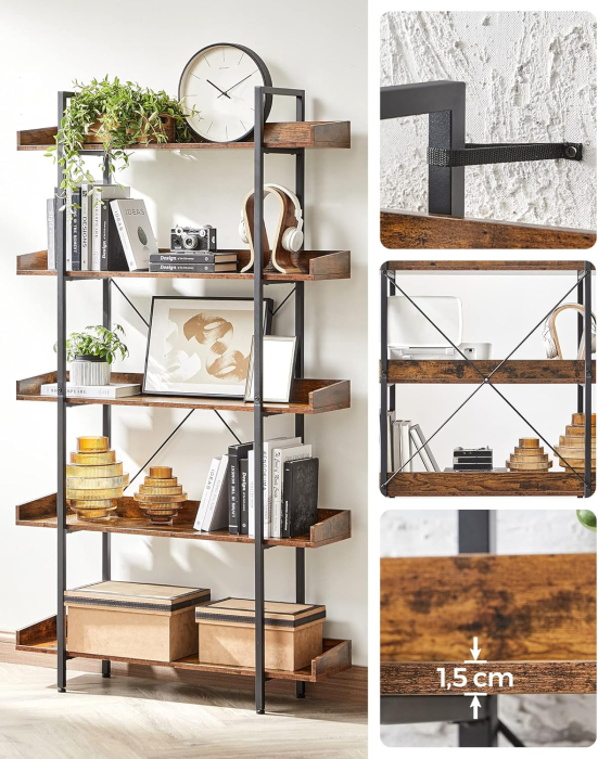 Biblioteca cu 5 rafturi tip tava cu margini de protectie, structura metalica, stil industrial, 100x28x178 cm, maro rustic [4]