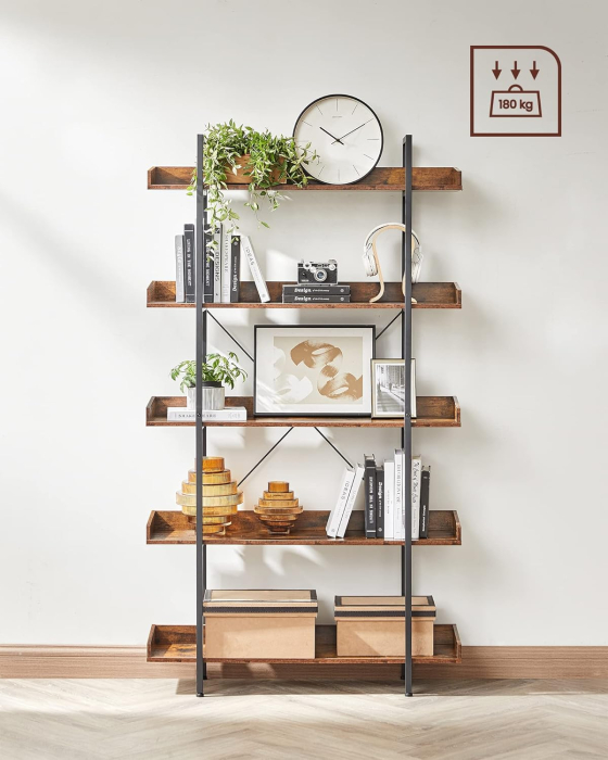 Biblioteca cu 5 rafturi tip tava cu margini de protectie, structura metalica, stil industrial, 100x28x178 cm, maro rustic [3]