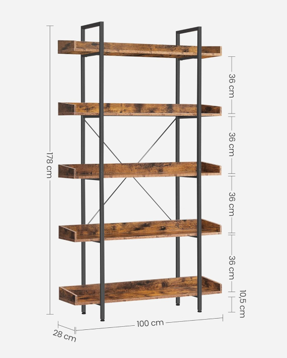 Biblioteca cu 5 rafturi tip tava cu margini de protectie, structura metalica, stil industrial, 100x28x178 cm, maro rustic [2]