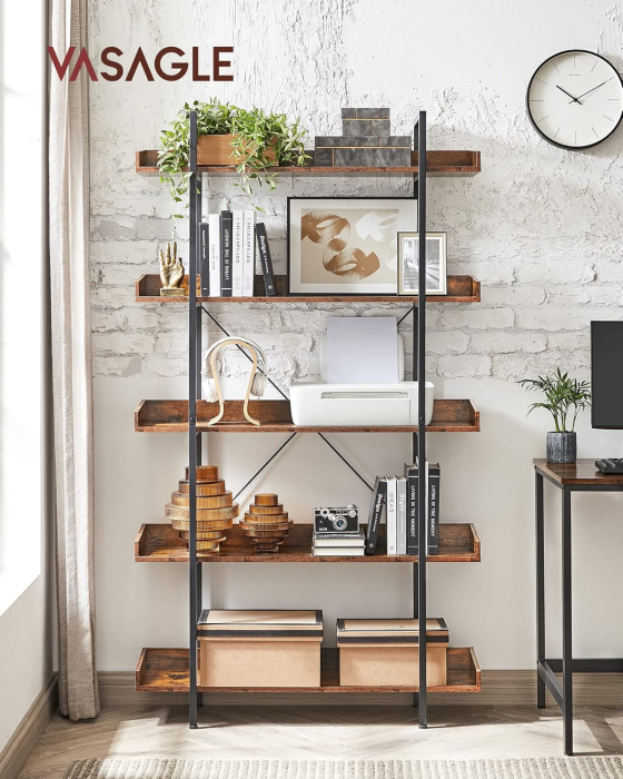 Biblioteca cu 5 rafturi tip tava cu margini de protectie, structura metalica, stil industrial, 100x28x178 cm, maro rustic [7]