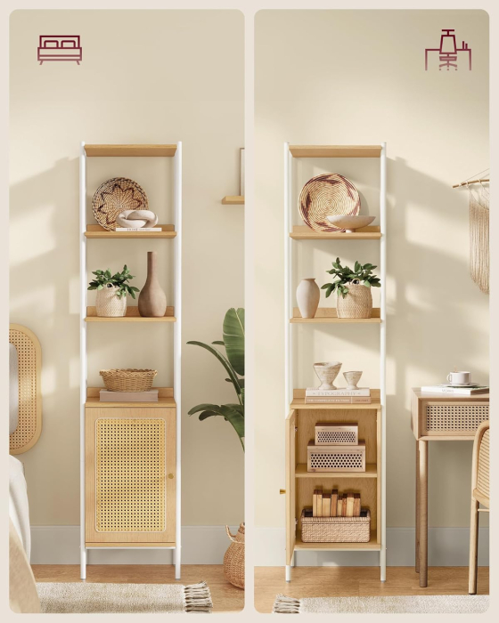 VASAGLE Biblioteca cu 6 etaje, cadru metalic, usa cu efect ratan Boho, 30x40x175 cm, alb si bej [9]