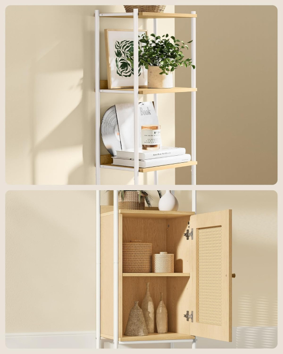 VASAGLE Biblioteca cu 6 etaje, cadru metalic, usa cu efect ratan Boho, 30x40x175 cm, alb si bej [7]