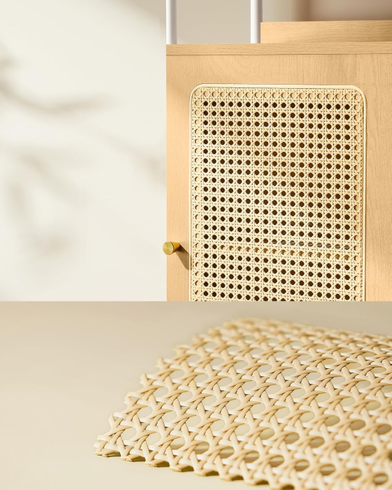 VASAGLE Biblioteca cu 6 etaje, cadru metalic, usa cu efect ratan Boho, 30x40x175 cm, alb si bej [5]