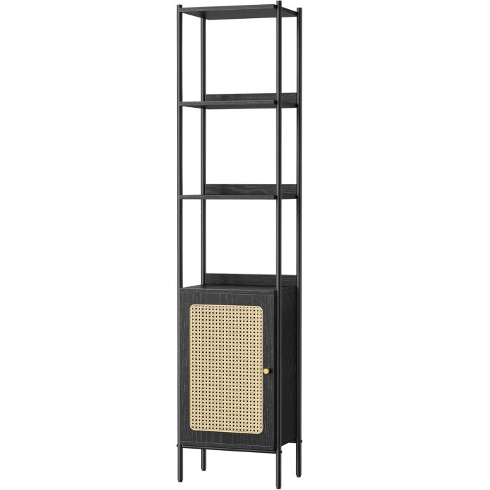 VASAGLE Biblioteca cu 6 etaje, cadru metalic, usa cu efect ratan Boho, 30x40x175 cm, negru [1]
