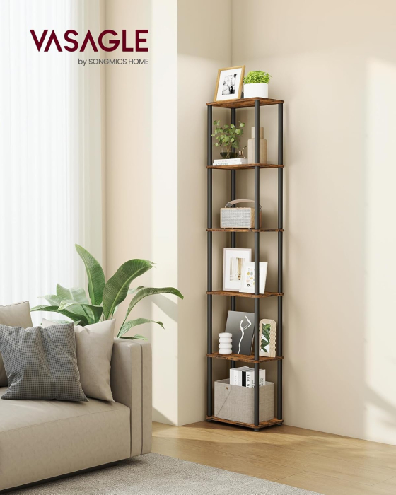 Biblioteca cu 6 rafturi, cadru metalic, stil industrial, 38x24x173 cm, maro rustic [4]