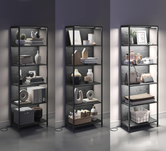 Biblioteca cu 6 rafturi si iluminare LED reglabila 25 culori, cadru metalic, 30x60x179 cm, negru [5]