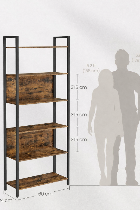 Biblioteca cu 6 rafturi, stil industrial, cadru metalic si PAL, 128x24x187 cm, maro rustic [3]