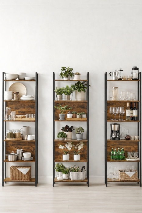 Biblioteca cu 6 rafturi, stil industrial, cadru metalic si PAL, 128x24x187 cm, maro rustic [2]