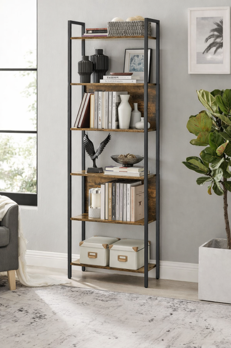 Biblioteca cu 6 rafturi, stil industrial, cadru metalic si PAL, 128x24x187 cm, maro rustic [4]