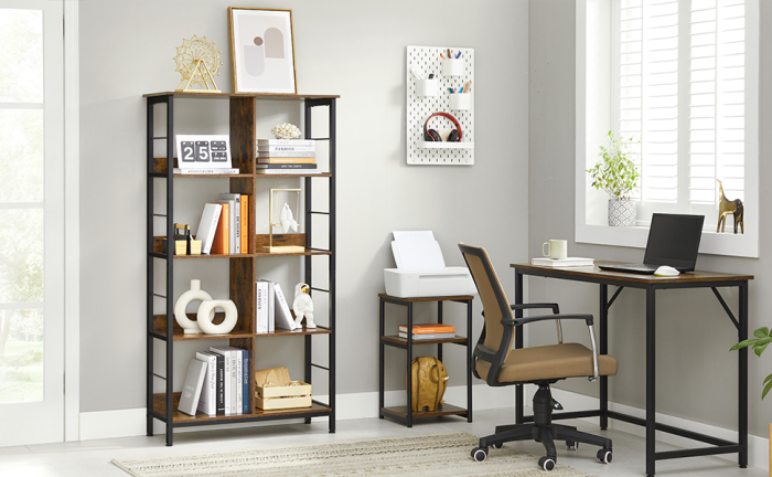 VASAGLE Biblioteca cu rafturi deschise, 8 compartimente, design industrial, 80x33x149cm, maro retro si negru [2]