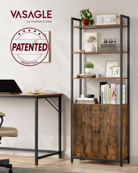 Biblioteca cu rafturi deschise si dulap integrat, cadru metalic si PAL, 24x60x160 cm, maro rustic [6]