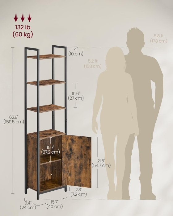 Biblioteca inalta cu 6 rafturi si dulap, cadru metalic, rafturi reglabile, stil vintage, 40x24x160 cm, maro rustic [6]