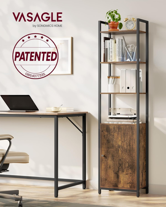 Biblioteca inalta cu 6 rafturi si dulap, cadru metalic, rafturi reglabile, stil vintage, 40x24x160 cm, maro rustic [7]