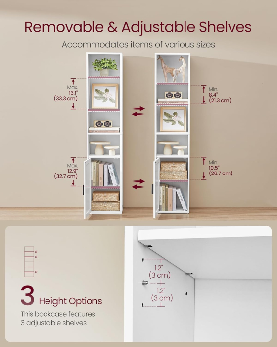 Biblioteca ingusta cu 6 niveluri si dulap inchis, rafturi reglabile, 24x32x175 cm, alb [4]