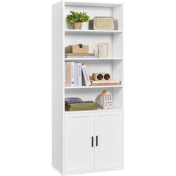 Biblioteca ingusta cu 6 niveluri si dulap, raft pentru carti si decoratiuni, PAL si MDF, 60x24x175 cm, alb [8]