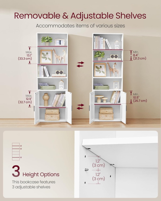Biblioteca ingusta cu 6 niveluri si dulap, raft pentru carti si decoratiuni, PAL si MDF, 60x24x175 cm, alb [6]
