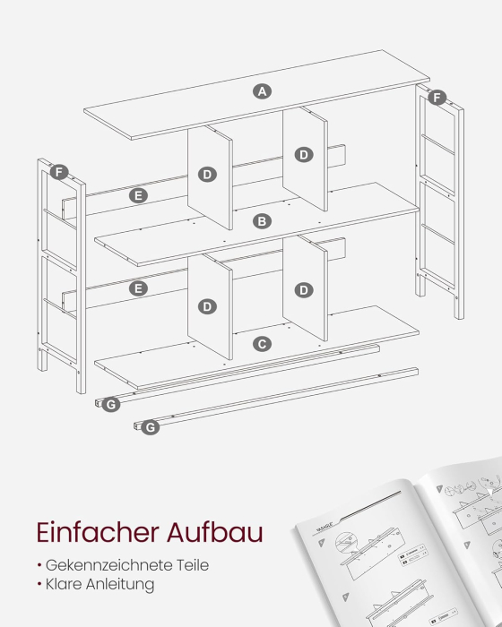 VASAGLE Biblioteca, raft cu 6 unitati de depozitare, din lemn, 33x120x80 cm, gri stejar [7]