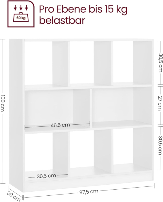 Biblioteca, raft cu 8 unitati de depozitare, pentru living, din lemn, 30x98x100cm, alb [3]
