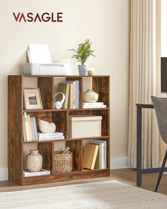 Biblioteca, raft cu 8 unitati de depozitare, pentru living, din lemn, 97x30x100cm, maro rustic [2]