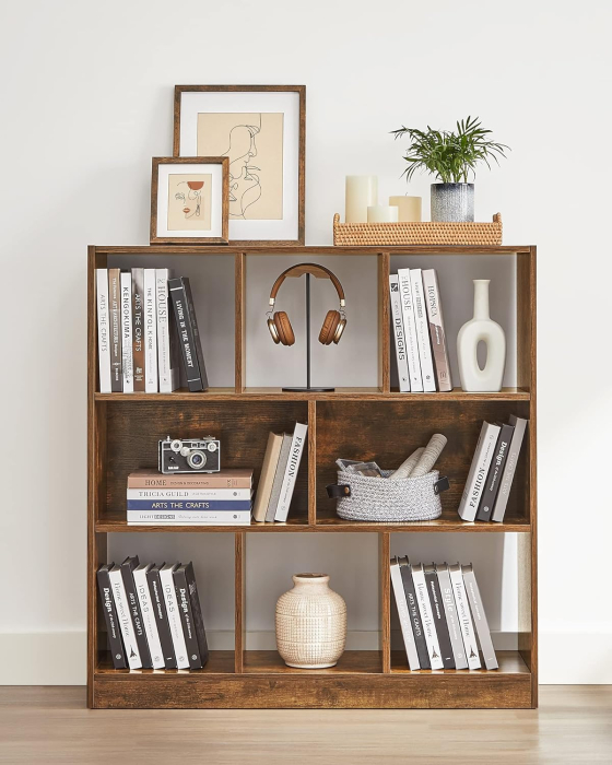 Biblioteca, raft cu 8 unitati de depozitare, pentru living, din lemn, 97x30x100cm, maro rustic [8]