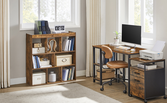 Biblioteca, raft cu 8 unitati de depozitare, pentru living, din lemn, 97x30x100cm, maro rustic [14]