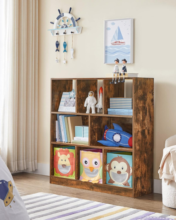 Biblioteca, raft cu 8 unitati de depozitare, pentru living, din lemn, 97x30x100cm, maro rustic [5]
