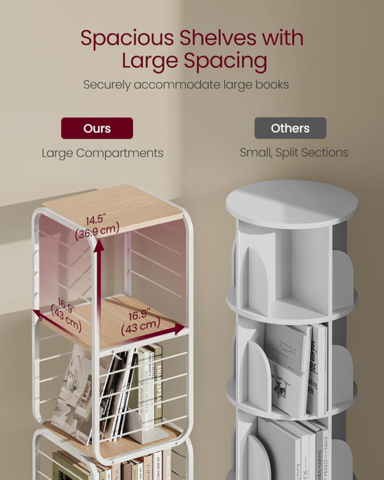 VASAGLE Biblioteca rotativa 360 grade, cadru metalic, cu 5 polite MDF, 43x43x158cm, alb [8]