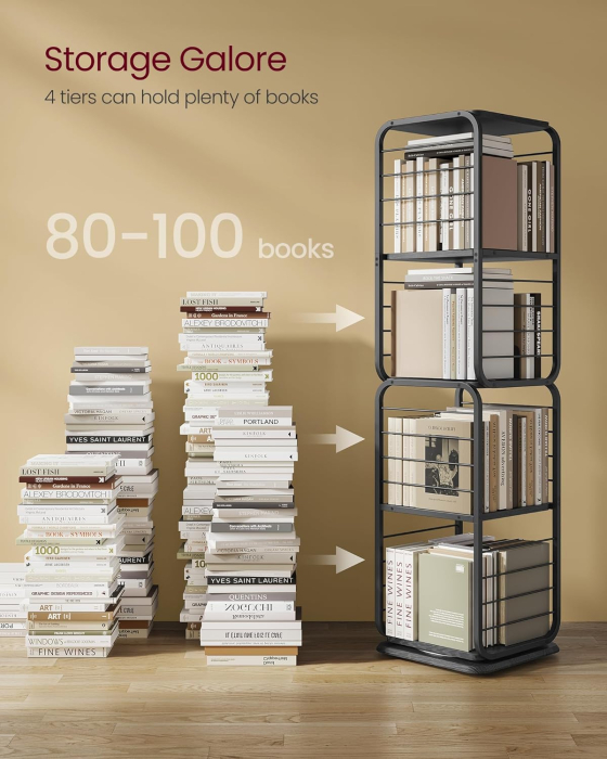 VASAGLE Biblioteca rotativa 360 grade, cadru metalic, cu 5 polite MDF, 43x43x158cm, negru [7]