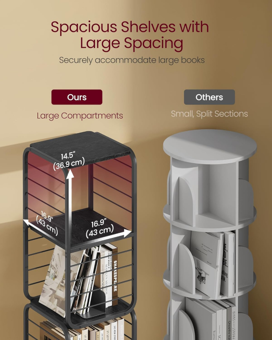 VASAGLE Biblioteca rotativa 360 grade, cadru metalic, cu 5 polite MDF, 43x43x158cm, negru [8]